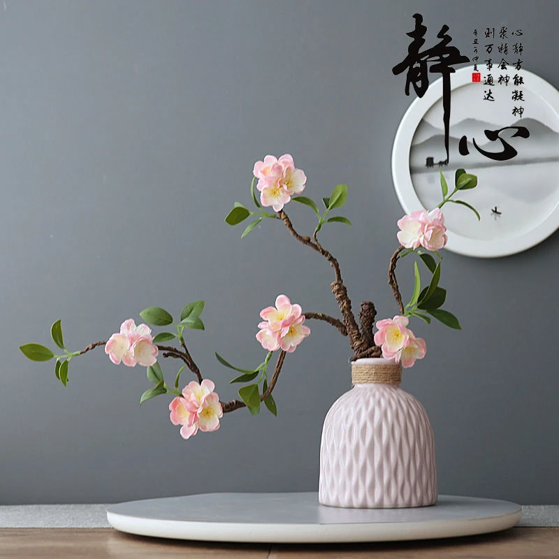 禅意新中式花艺客厅装饰插花玄关桃花落地摆件放null