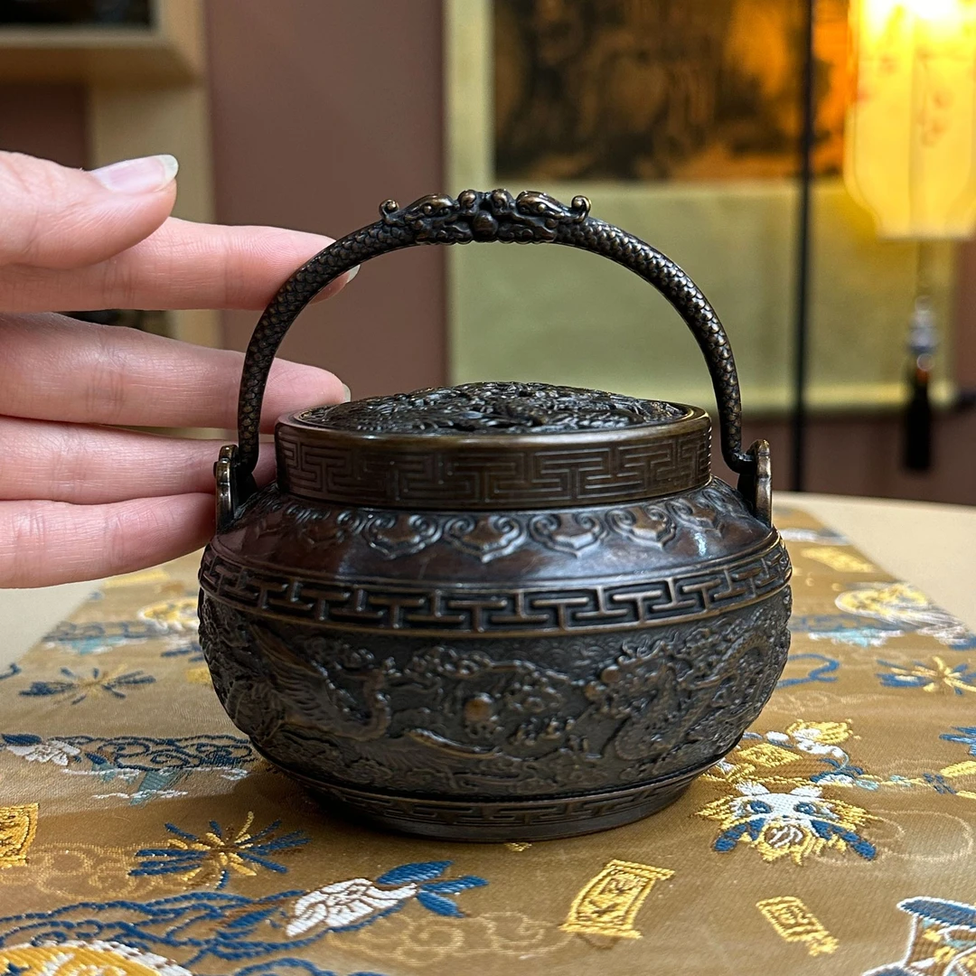 仿古苏工黄铜浮雕龙凤提梁暖手炉香炉茶室书房摆件铜器客厅