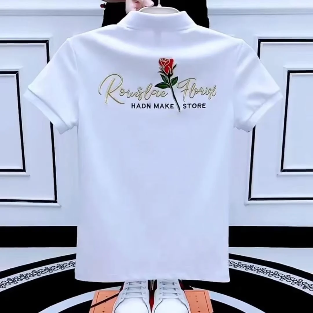 polo衫男2023夏季新款刺绣玫瑰网红潮流修身短袖精神小伙半袖T恤