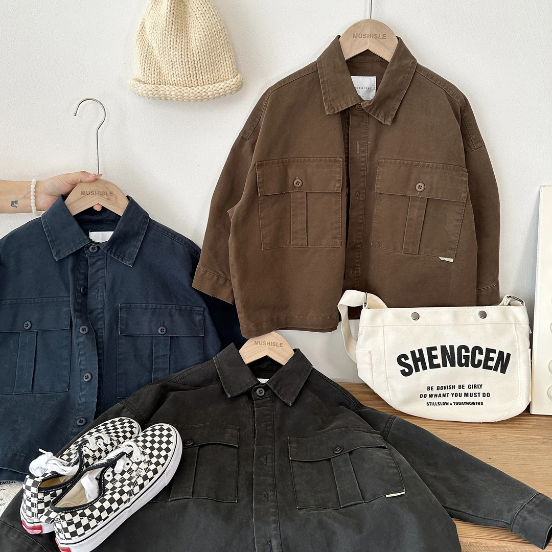 【2024新款】阿又秋季童装男童儿童中大童日系纯色潮流衬衫99080Q