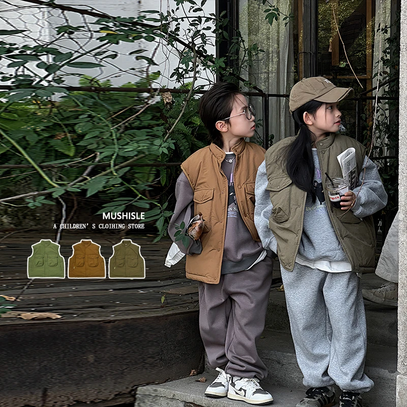 阿又男童秋冬口袋纯色儿童复古宽松复古耐看无袖时尚外套83182D