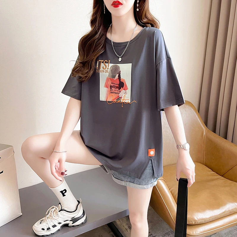 2025春夏新款设计感侧开叉纯棉短袖T恤女宽松遮肉大码刺绣上衣服