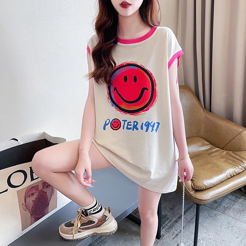 韩版时尚卡通笑脸无袖背心t恤女宽松外套ins中长款包臀显瘦上衣服