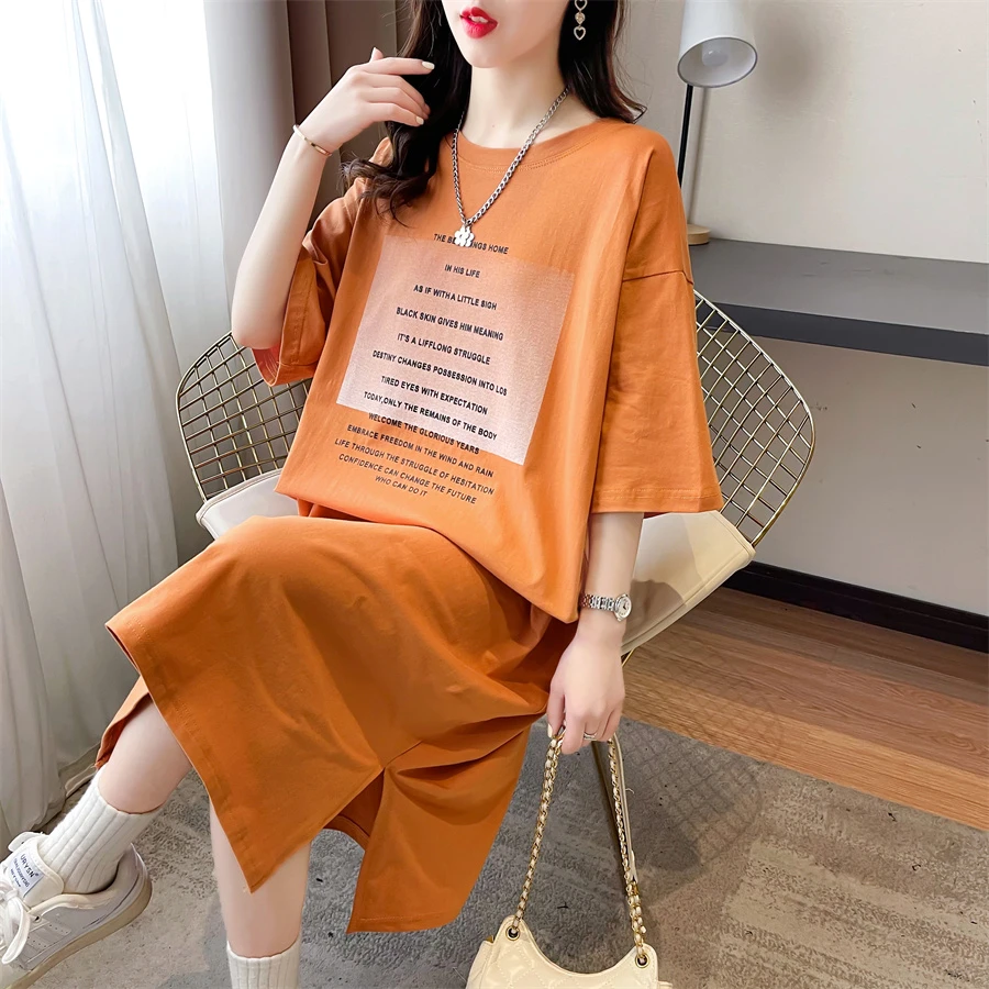 2023夏季新款字母印花纯棉短袖连衣裙女宽松长款过膝懒人开叉裙子