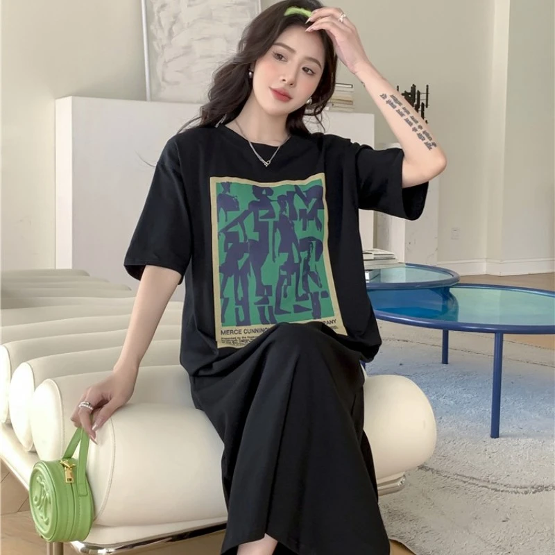 夏季慵懒风纯棉长款过膝懒人T恤连衣裙女宽松外穿设计感开叉裙子