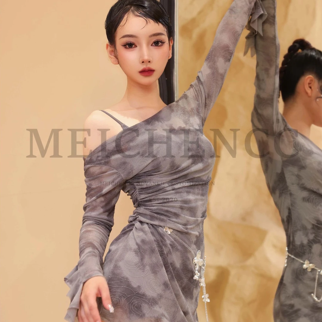 美辰舞服2025玫瑰灰色晕染贵妇摩登舞练功服套装优雅斜肩成人女