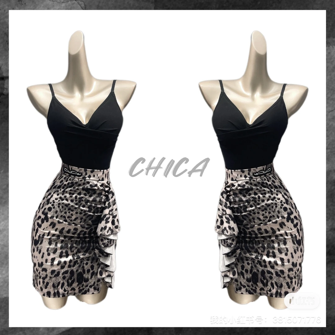 美辰练功服基础套装吊带上衣豹纹拉丁舞连衣裙性感露背舞服包臀