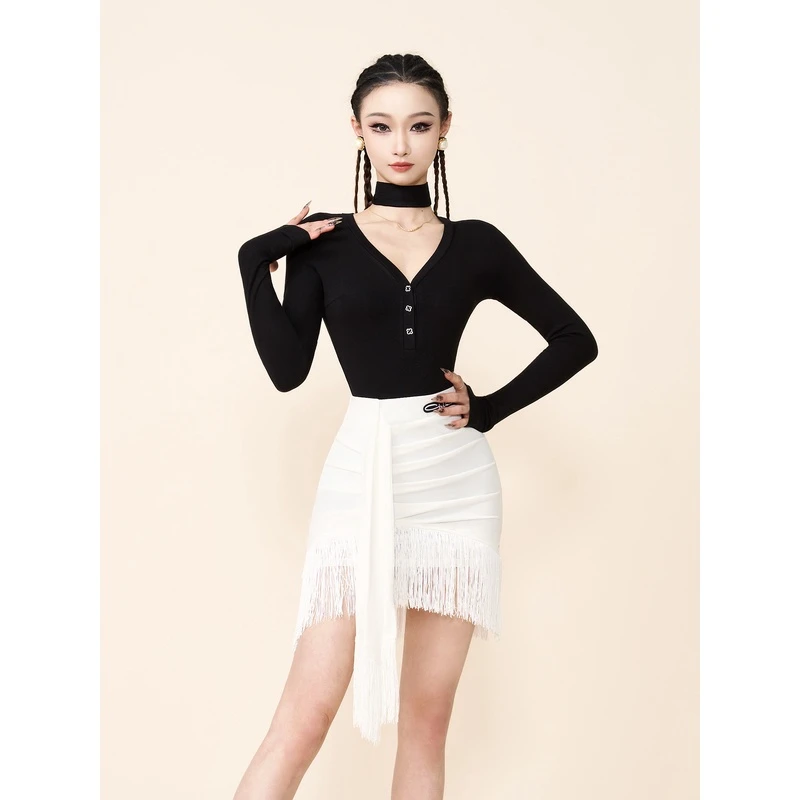 MEICHENCC美辰舞服黑色钻扣长袖拉丁舞服白色流苏半裙练功服女