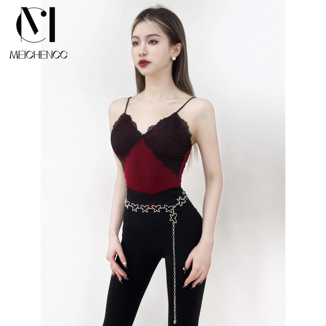 MEICHENCC暗夜玫瑰蕾丝性感上衣黑色喇叭裤显瘦显高成人女练功服