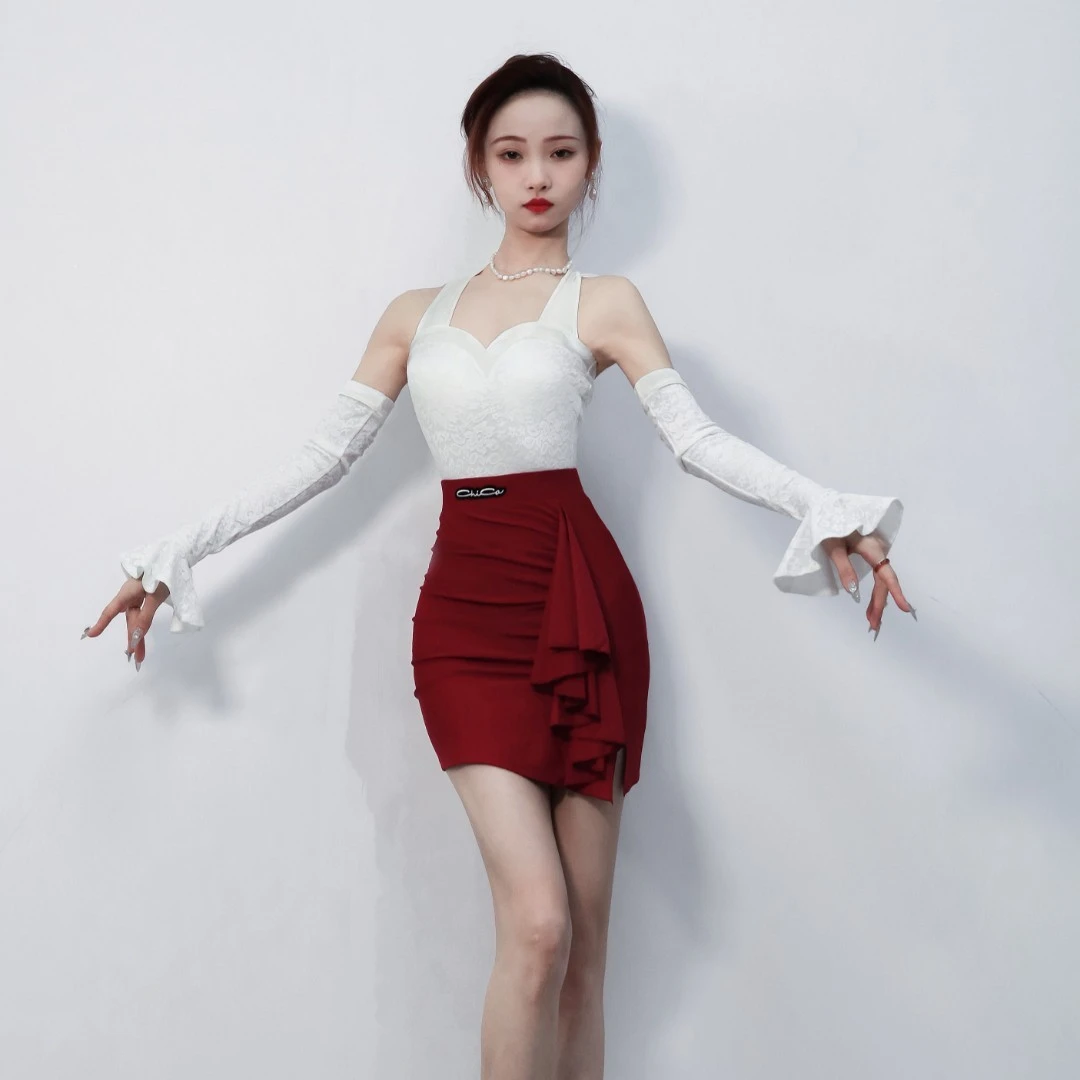 美辰舞服套装新款挂脖拉丁舞服荷叶袖分体套装练功服舞蹈成人女