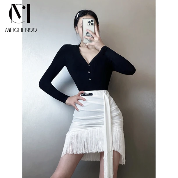 美辰舞服半裙流苏专业拉丁舞服练功服套装成人女褶皱显瘦