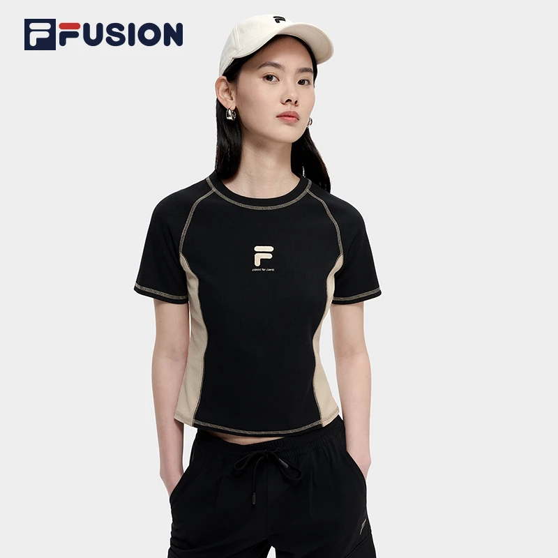 FILA斐乐潮牌女款撞色修身针织短袖夏季短款黑色圆领套头透气T恤