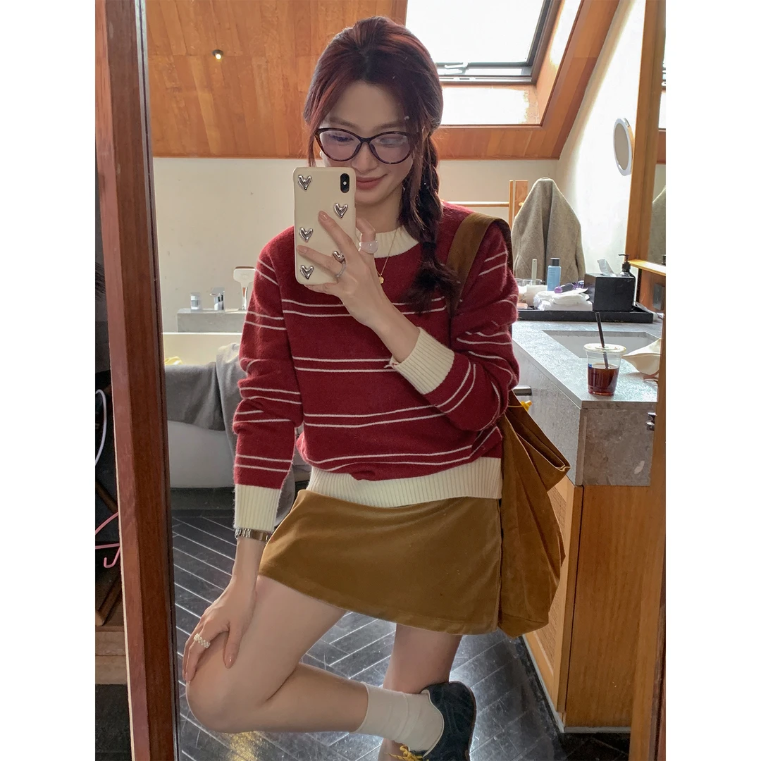 【西西里安】层次感美学~撞色双层门襟假两件软糯触感/条纹毛衣