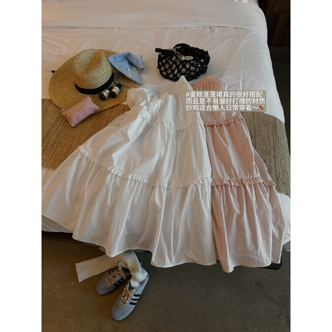 【西西里安】春日C位拼接木耳边a字半身裙女小个子松紧腰显高蛋糕裙