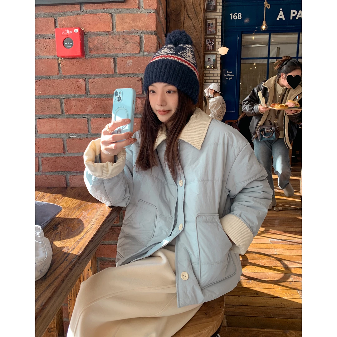 【西西里安】 达里尼信笺 韩版设计款灯芯绒拼接保暖棉服外套