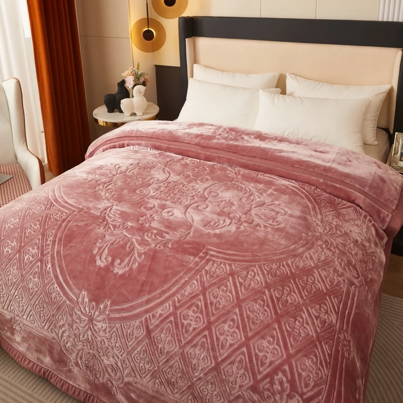 5D压花毯超柔毛毯双层加厚空调云毯冬夏季拉舍尔双人大红婚庆毯子