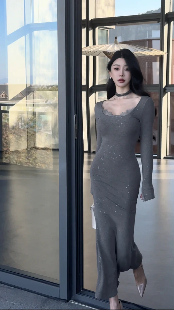 法式气质蕾丝拼接细闪中长款连衣裙女修身包臀鱼尾裙长袖打底裙