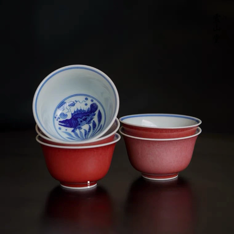 震山堂手绘青花内绘主人杯豇豆红薄胎品茗杯单杯青花瓷陶瓷茶杯