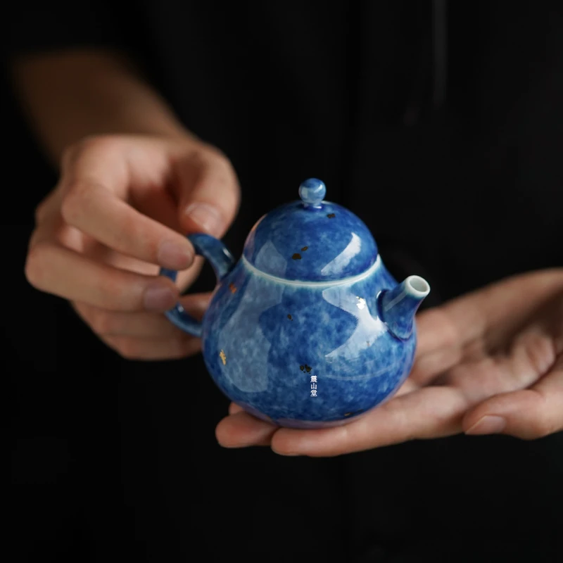 震山堂手工陶瓷茶壶带球孔小号125ml洒蓝釉复古风手工单壶泡茶壶