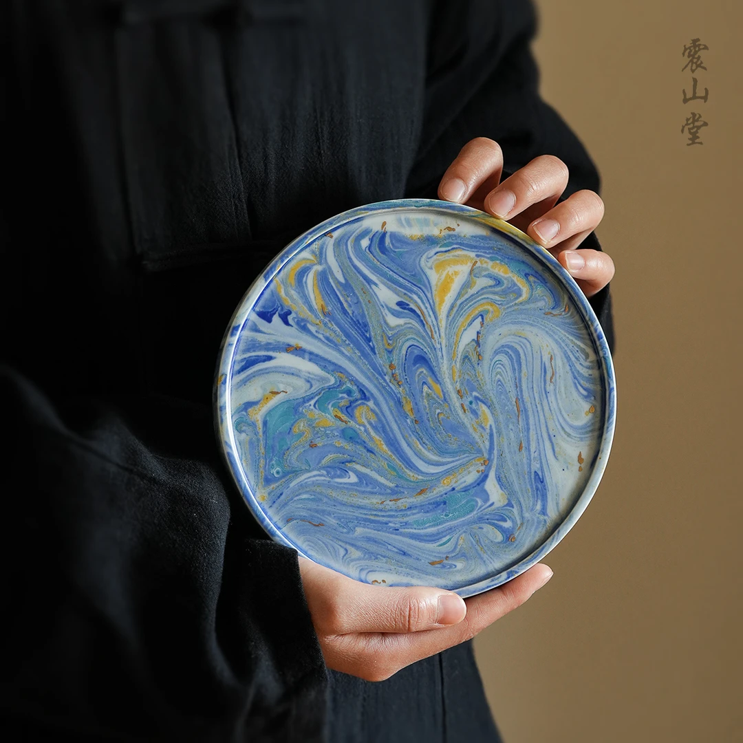 震山堂手工飘漆工艺陶瓷壶承茶盘茶具家用通用干泡盘圆盘茶具配件
