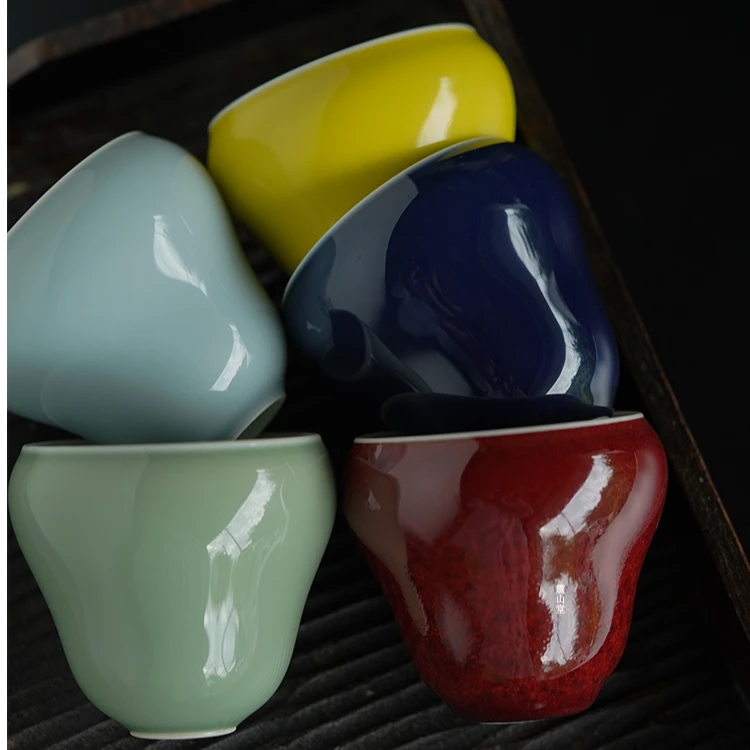 震山堂手工主人杯陶瓷单杯品茗杯大号家用茶杯色釉五色福瓜杯单个
