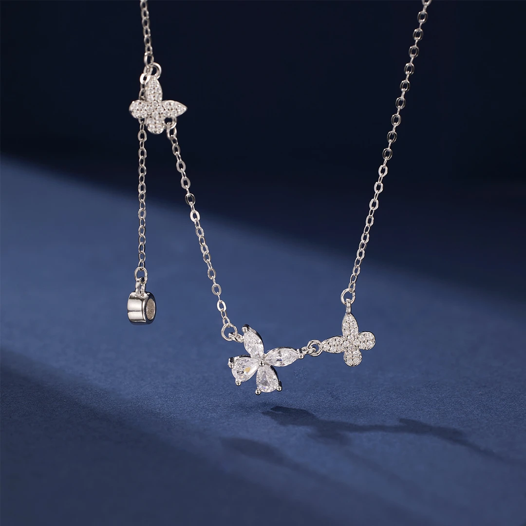 坠链均925银 流苏蝴蝶项链女轻奢小众设计高级吊坠百搭满钻锁骨链