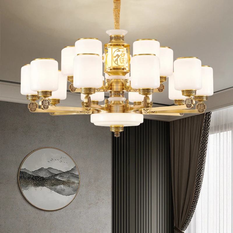 新中式全铜玉石吊灯客厅吊灯新款别墅大吊灯旋转楼梯吊灯家用吊灯