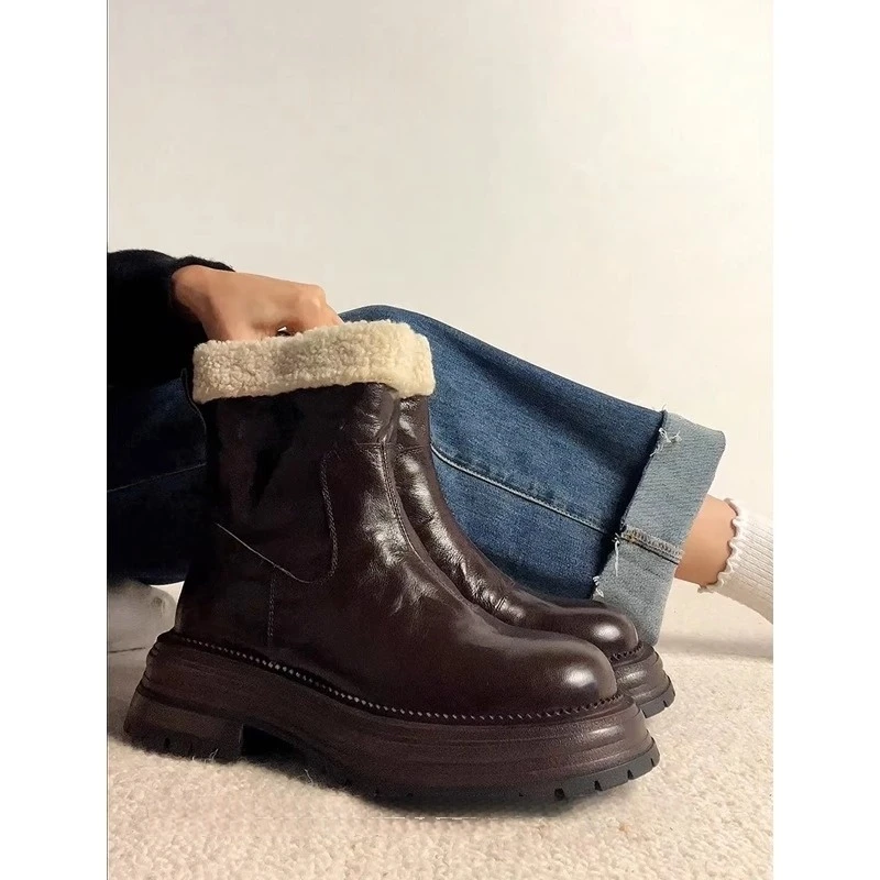 啄木鸟冬季毛绒加绒靴子保暖雪地靴粗跟短靴女棉靴厚底切尔西靴