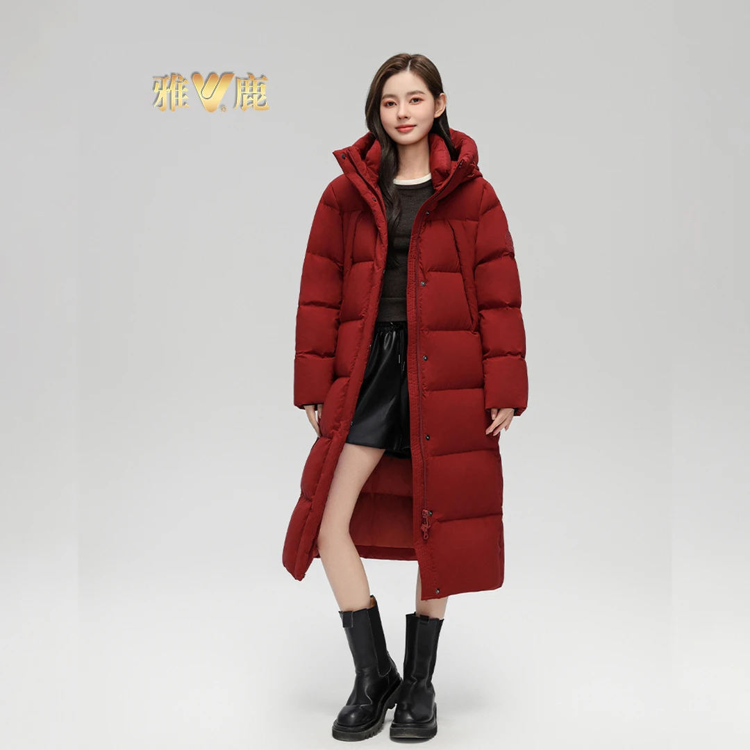 V/雅鹿新年冬季新款白鸭绒保暖连帽简约时尚百搭中长款羽绒服