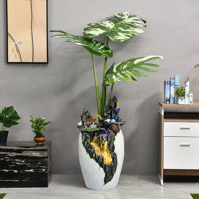 7187远山碧色仿真绿植流水摆件循环客厅室内装饰品落地加湿器盆景