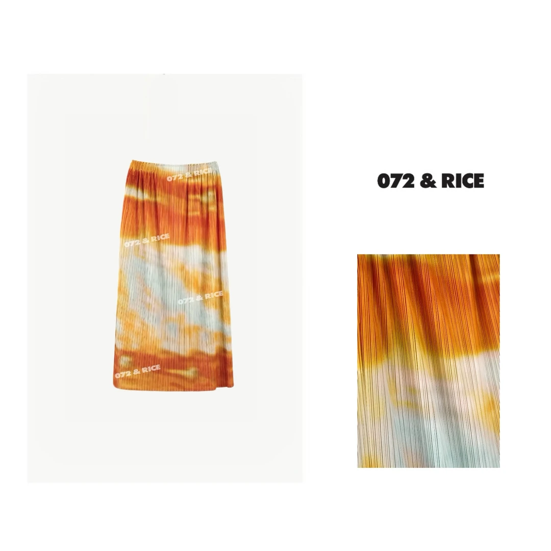 072 & RICE【晚霞裙】夏季休闲松紧腰压褶印花半身裙 SZZ10