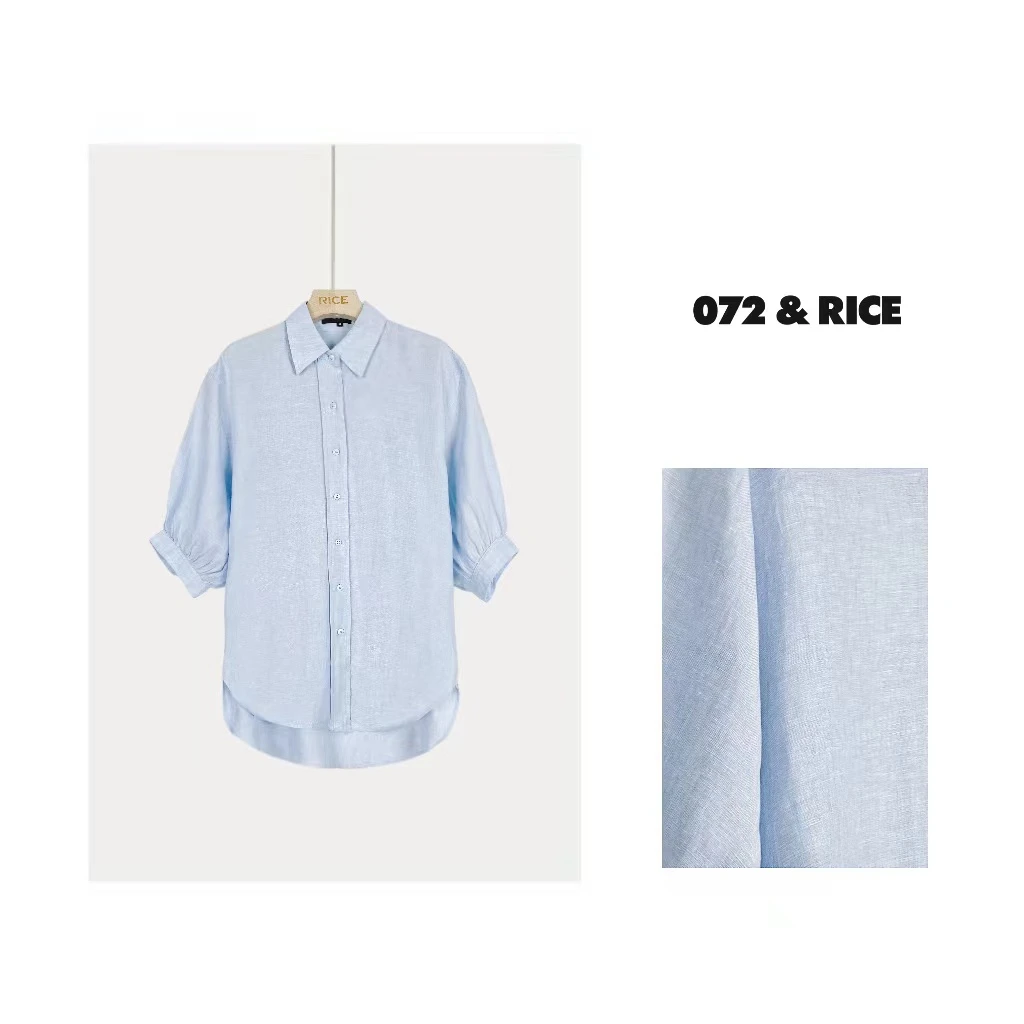 072 & RICE【海盐】100亚麻 夏季休闲翻领灯笼短袖衬衫 NB103 FF