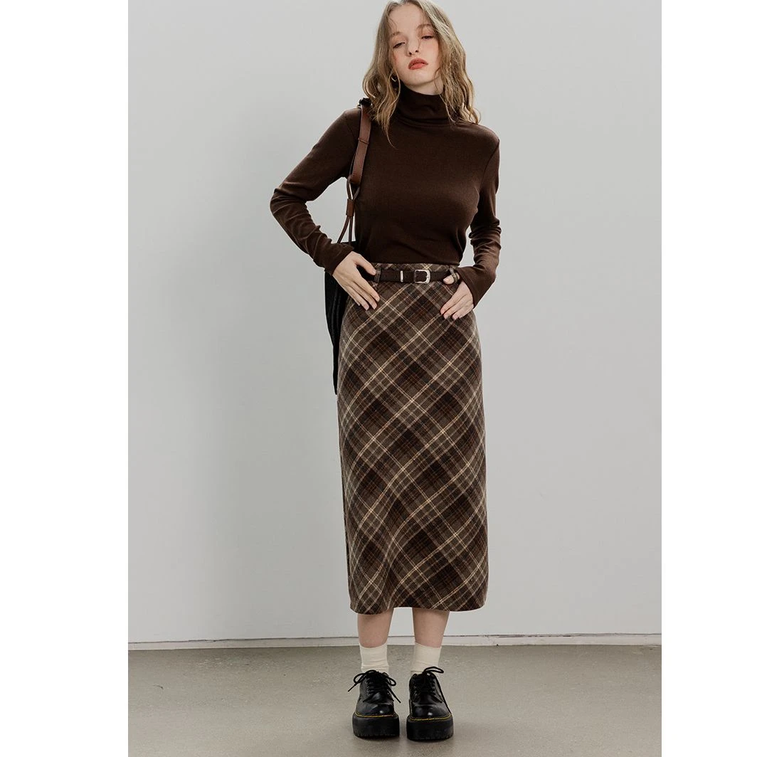 EGGKA【现现】复古斜格纹半身裙长款有腰带E23B3722AG/E23B3723AG