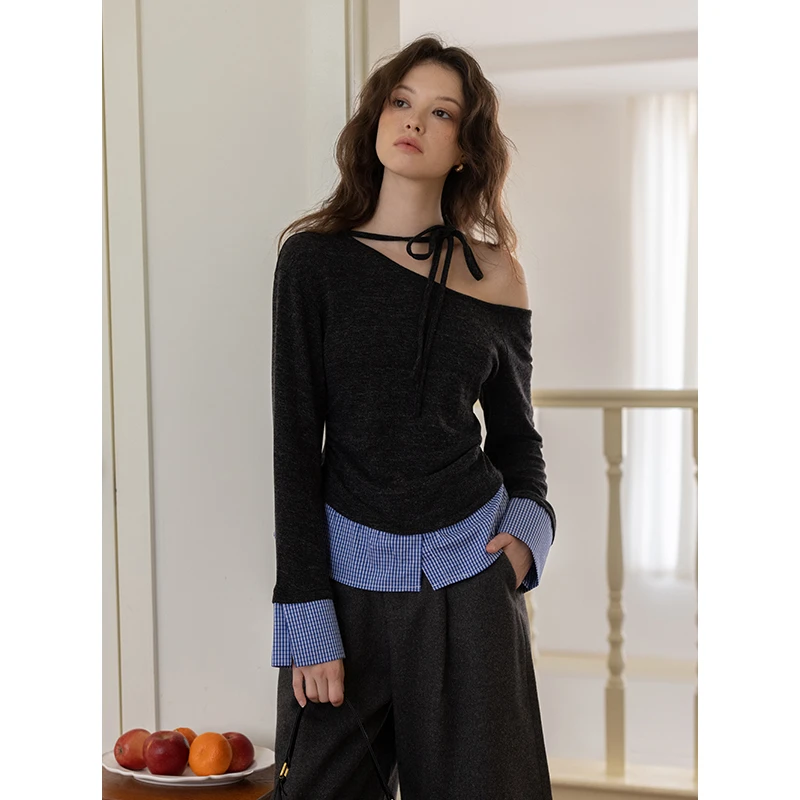 EGGKA 【现现】斜肩系带格子拼接针织衫秋设计感E24B5202AF