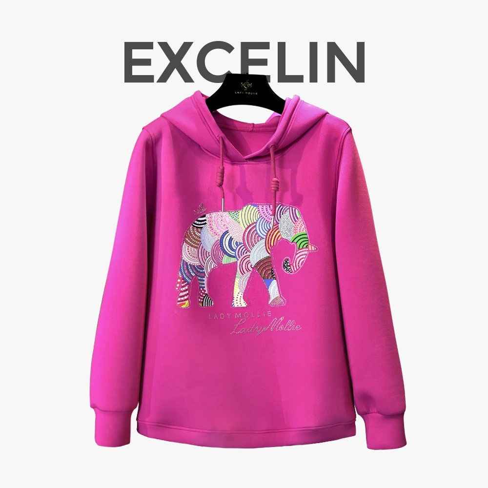 断码孤品EXC976【彩色吉象】秋冬印花带钻显瘦减龄连帽卫衣女士上衣