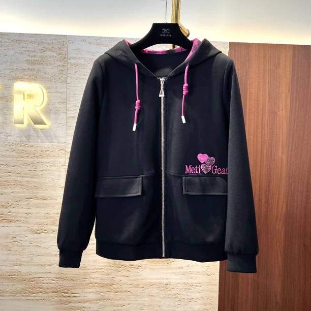 断码EXC943【黑色玫格连帽拉链开衫】休闲减龄连帽卫衣外套女士