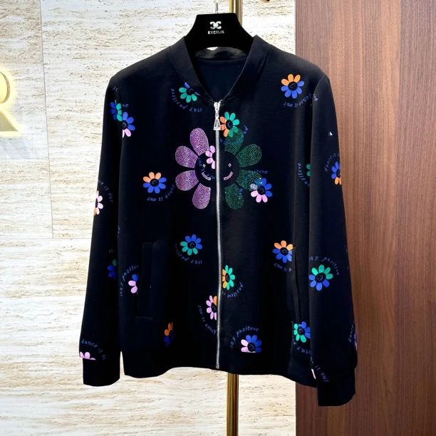 【笑脸花花拉链开衫】秋季新款休闲显瘦印花烫钻卫衣外套女士上衣