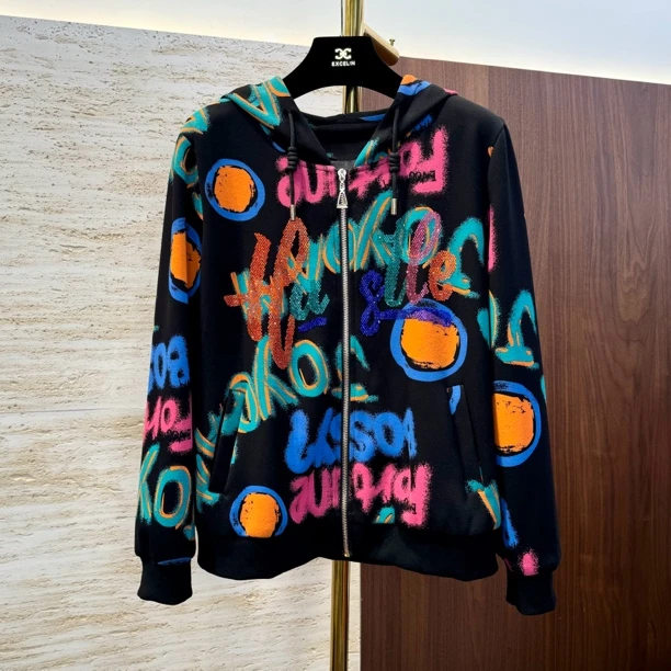 【彩色涂鸦拉链开衫】2024秋新款休闲减龄连帽卫衣开衫外套女士帽衫