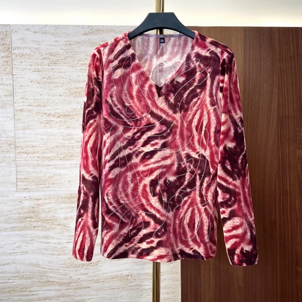 【红色流水纹】秋季时髦高档显瘦洋气薄款柔软高弹长袖T恤妈妈短袖