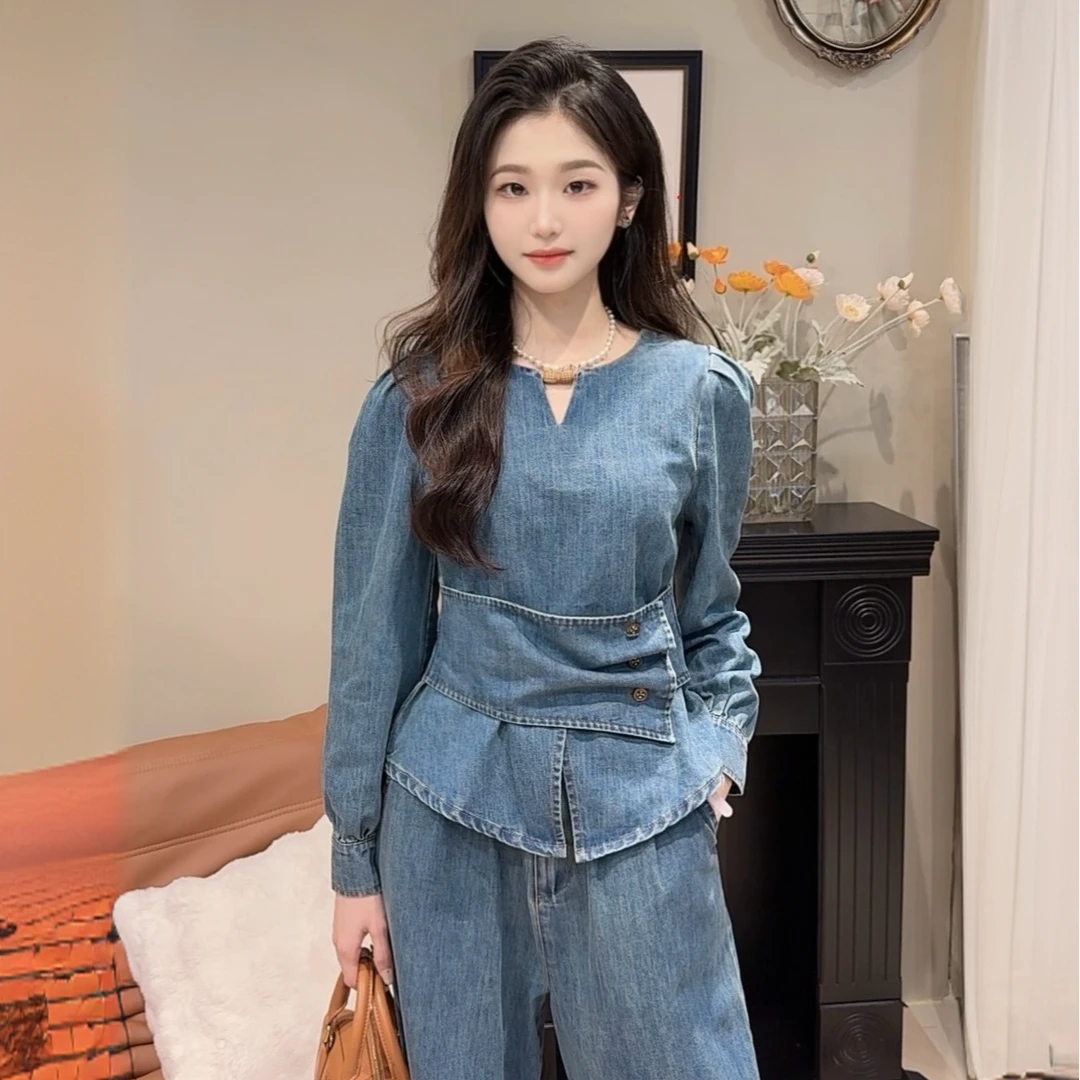 气质圆领牛仔小衫高腰直筒裤套装时尚两件套牛仔套装SZ1906199