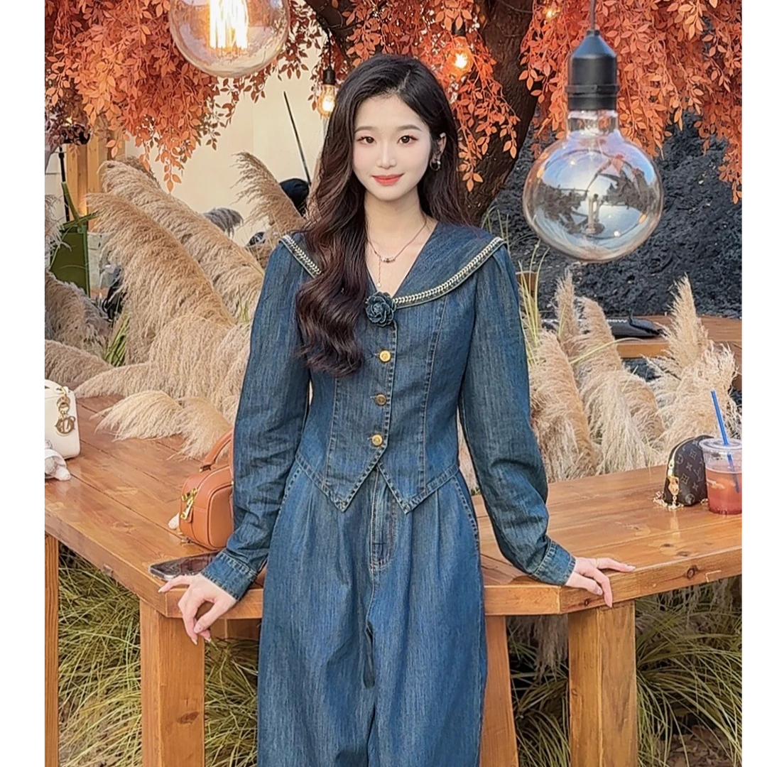 洋气海军领牛仔小衫高腰直筒裤套装时尚两件套牛仔套装SZ1906195