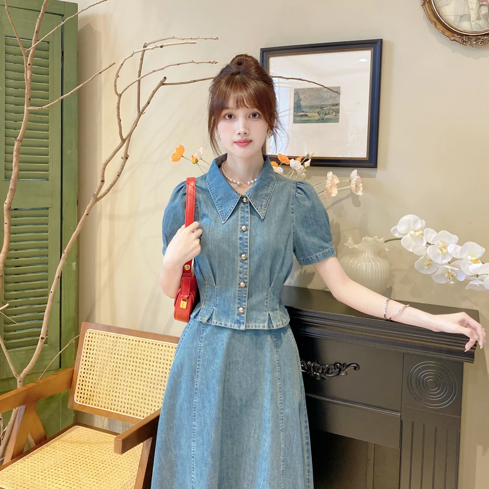 复古翻领牛仔小衫a字裙套装气质显瘦两件套裙子牛仔套装SZ1906155