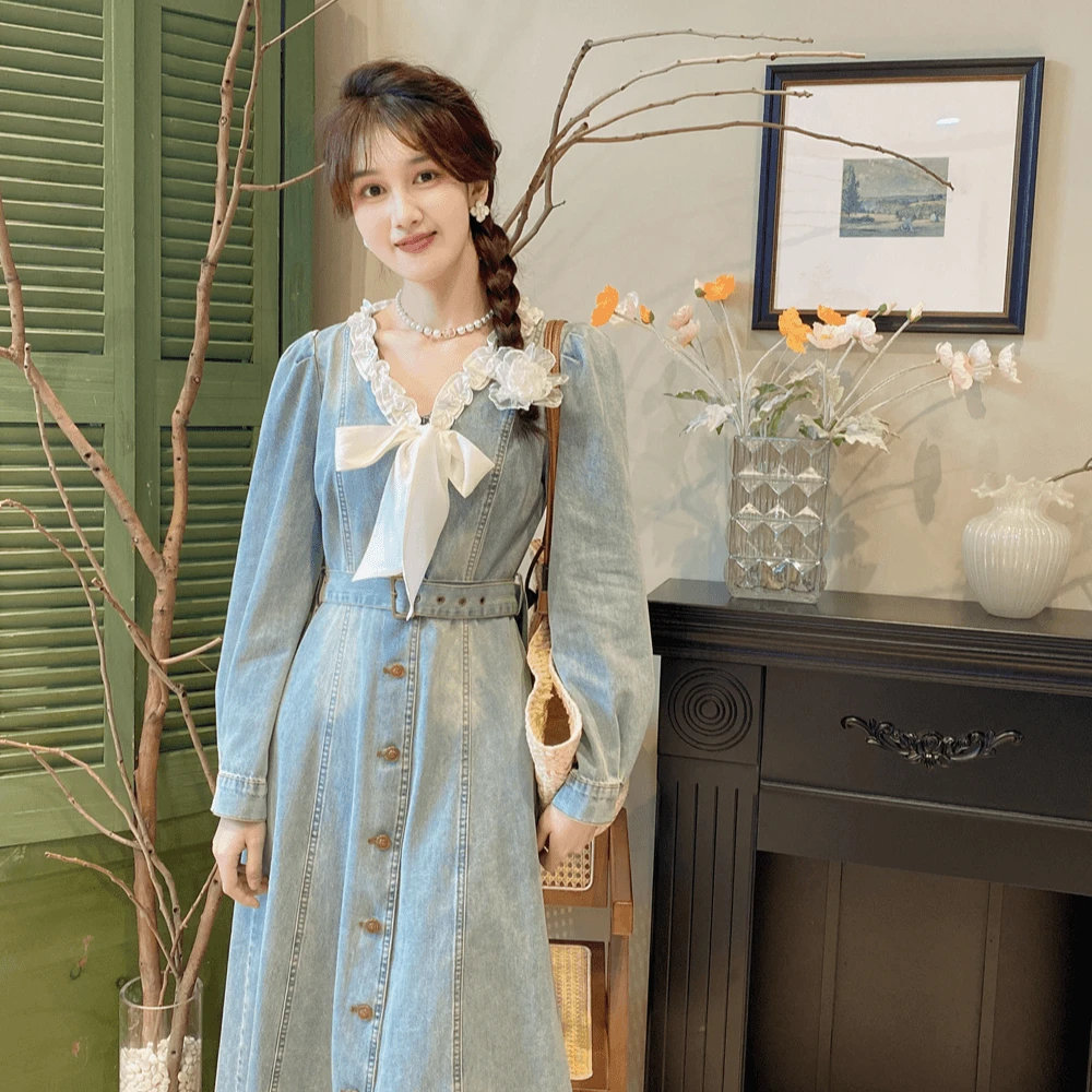 法式优雅v领女装连衣裙春夏季洗水蓝洋气长袖收腰牛仔裙SZ1900178