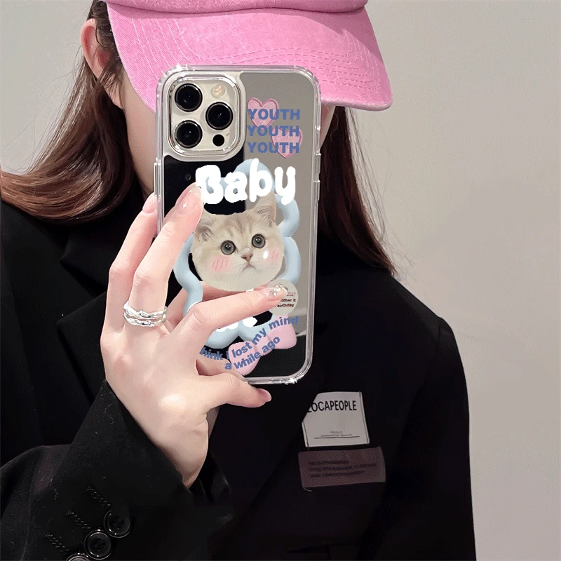 甜酷辣妹小猫镜面15/14promax手机壳13适用苹果16新款11防摔女78p
