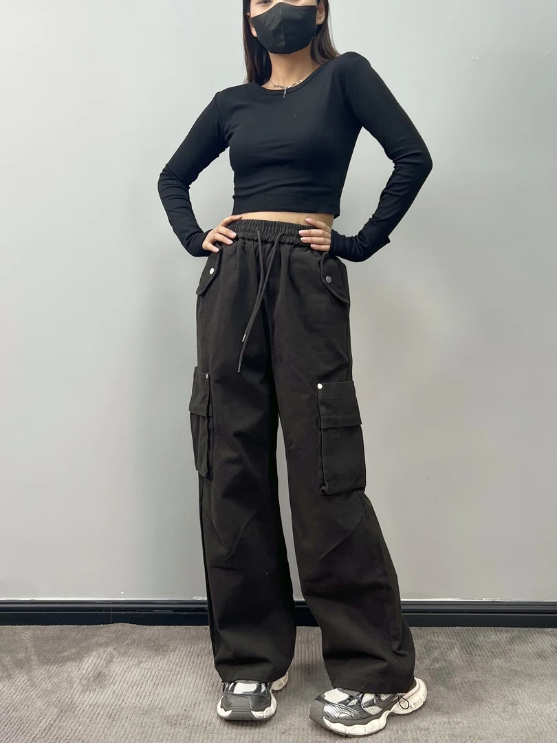 冬款加厚美式复古松紧腰大口袋工装裤女宽松阔腿长裤2024复古灰色