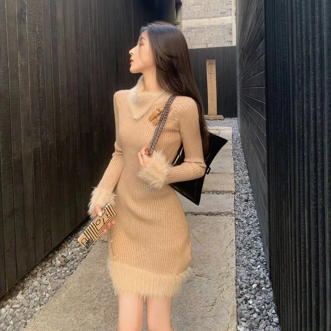 针织连衣裙打底秋冬女显瘦新款高级感小个子法式小香风气质包臀裙