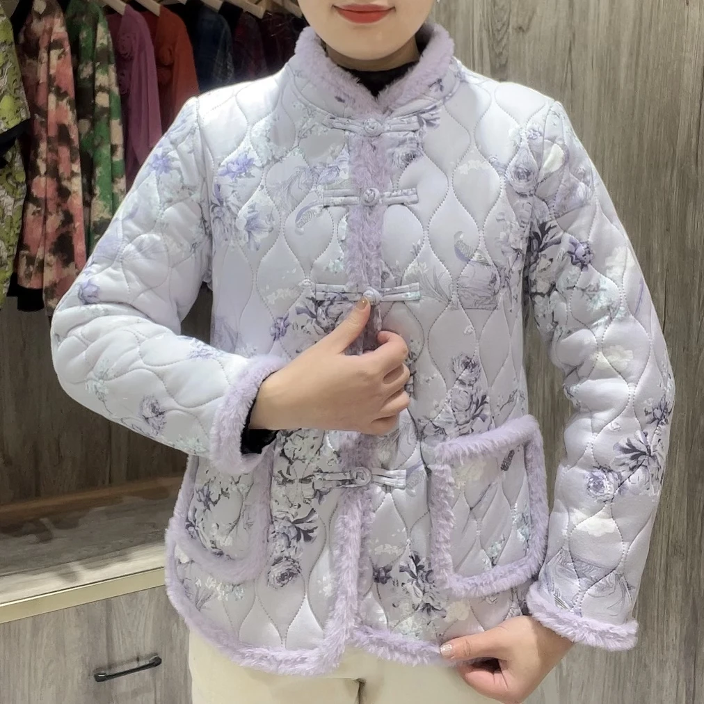 2024冬季新款加绒新中式盘扣碎花棉衣时尚中老年妈妈装