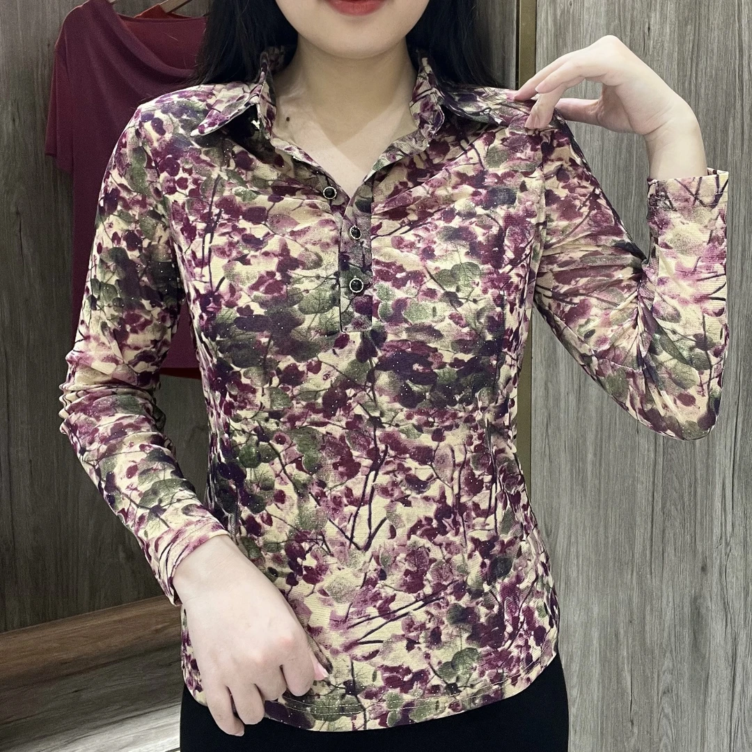 2024秋季新款时尚气质百搭衬衫领上衣印花长袖小衫