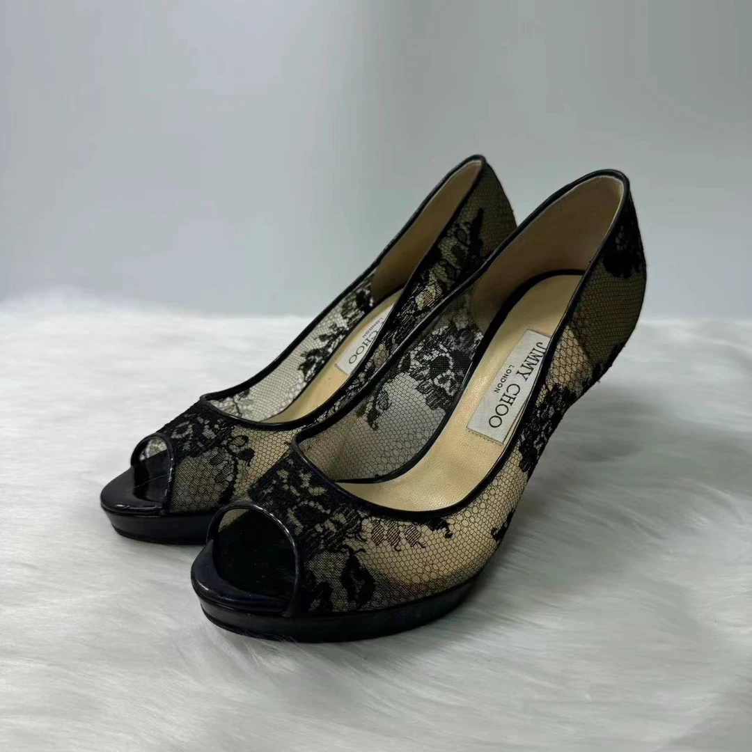 JIMMY CHOO/吉米周【95新】黑色蕾丝鱼嘴高跟鞋 38.5码 编号：Y217