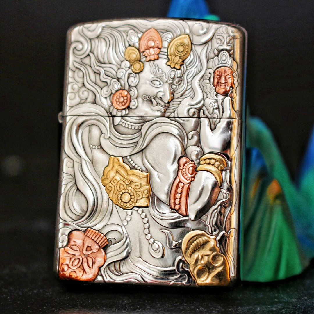 不动明王二代佐罗煤油防风打火机新款砂轮白铜镶嵌浮雕立体盔甲机